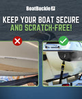Image comparing scratched boat hull versus protected with 2 Inch Ratchet Strap Protectors For Trailer Tie Downs.