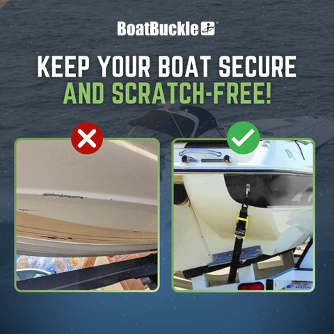 Image comparing scratched boat hull versus protected with 2 Inch Ratchet Strap Protectors For Trailer Tie Downs.