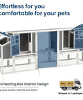 Diagram of 98 Inch Large Wooden Chicken Coop for 6-8 Chickens, showing two nesting box interior design and shipping details.
