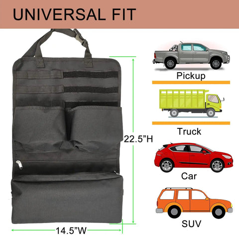 Universal Backseat Organizer With Car Fire Extinguisher Storage And MOLLE Panel for Pickup, Truck, Car, SUV; 14.5x22.5 inches