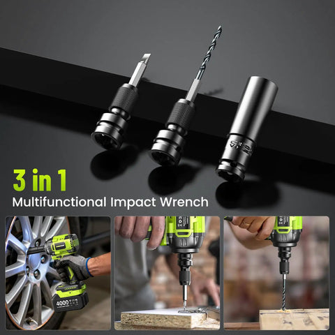 Cordless One Half Inch Impact Wrench With 800 N m Max Torque Brushless Motor 2800 RPM Heavy Duty Power Tool Kit shown with attachments