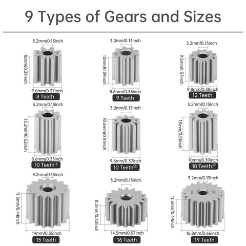Diagram showing 9 gear types for Two Pack 24V DC Motors, 25,000 RPM High Speed Drive Motors for Kid's Ride On Cars.