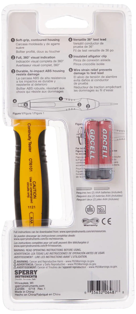 Packaging of Sperry Instruments CT6101 Heavy Duty Continuity Tester With Two Range 36 Inch Lead Yellow Body Over Molded Grips Quick Fuse Check