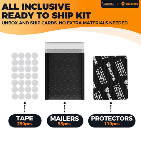 Card Shipping Protector Kit With Bubble Mailers And Tape Seals For Collectible Cards, Includes 110 Card Protectors, 55 Bubble Mailers, 250 Seals, Black