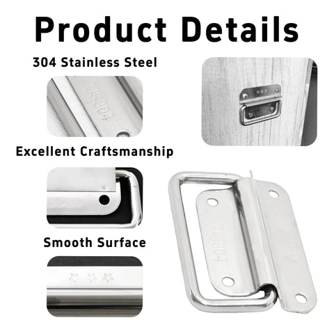 4 Piece 3 Inch Stainless Steel Chest Handles Foldable Pull Ring Handles For Toolbox Cabinets And Doors Heavy Duty Boat Hatch Latch Surface Mount Hardware details