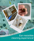 Easy Water Rinse Ear Wax Removal Kit With 3 Quad Stream Tips showing water spray and removed wax pieces