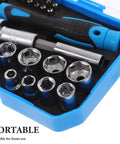Gutsy Heavy Duty Ratchet Socket Wrench Kit With Extra Screwdriver Bits And A Snap Shut Carry Case Tough Hand Tool Set showing metal sockets and screwdriver in portable blue case.