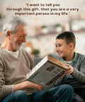 Boy giving Electric Vintage Steam Engine 3D Puzzle Kit For Adults 469 Piece Mechanical Wooden Model to an elderly man.