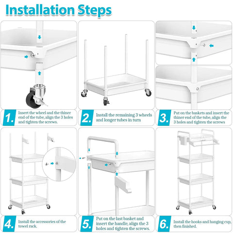 Installation steps for Do It All Rolling Four Tier Storage Cart With Removable Towel Rack For Bathroom Kitchen Laundry Room Office On Wheels