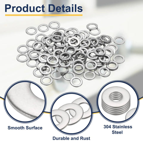 Top Shelf M6 Flat Washers 304 Stainless Steel 120 Pack showing smooth surface and rust-resistant finish for DIY repairs.