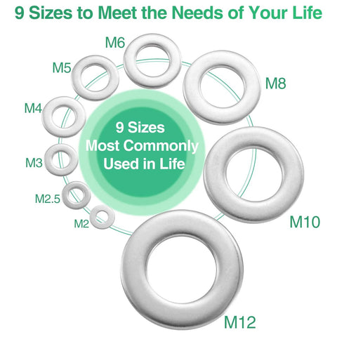 Front view: 304 stainless steel flat washer set, 580 pieces, nine sizes from M2 to M12.