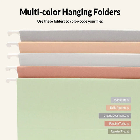 Pastel Hanging File Folders 25 Count Letter Size With One Fifth Cut Tabs neatly organize filing cabinets and medical charts.