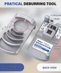 Front and back views of a gray metal PVC pipe deburring tool with six sizes (1¼–4 in) and cutting blade.