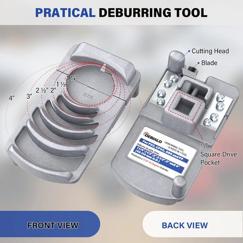 Front and back views of a gray metal PVC pipe deburring tool with six sizes (1¼–4 in) and cutting blade.