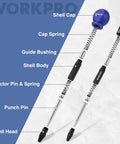 Exploded view of WORKPRO 2-pack automatic center punches, showing shell cap, springs, bodies, and tips.