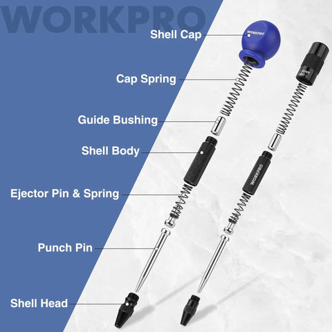 Exploded view of WORKPRO 2-pack automatic center punches, showing shell cap, springs, bodies, and tips.