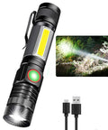 Rechargeable Tactical Flashlight With Magnetic Base And COB Work Light Ultra Bright LED Beam Four Modes High Low Strobe COB Waterproof