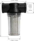 Front view of 1 Inch 80 Mesh Water Pump Strainer Filter For Heavy Duty High Pressure Washers Sediment Filter Attachment With Transparent Twist On Bowl 1 Inch NPSM Inlet Outlet Stainless Steel Screen Easy Clean Design showcasing dimensions.