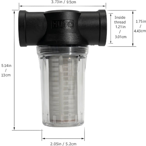 Front view of 1 Inch 80 Mesh Water Pump Strainer Filter For Heavy Duty High Pressure Washers Sediment Filter Attachment With Transparent Twist On Bowl 1 Inch NPSM Inlet Outlet Stainless Steel Screen Easy Clean Design showcasing dimensions.