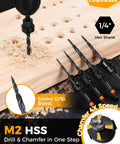 All In One Countersink Drill Bit Set For Woodworking By Comoware, 15-Piece Set with drill in action on wood plank