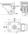 Built Tough Heavy Duty Swivel Casters 1.5 Inch Double Wheel Solid Nylon With Locking Brakes Low Profile Mount detailed line drawing.