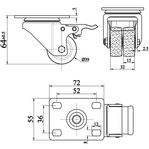 Built Tough Heavy Duty Swivel Casters 1.5 Inch Double Wheel Solid Nylon With Locking Brakes Low Profile Mount detailed line drawing.