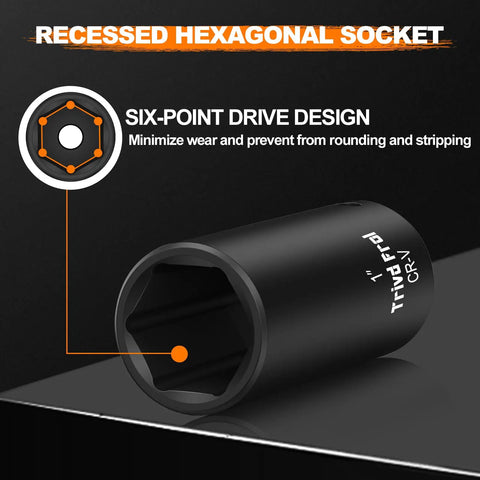 Impact Socket Set 1/2 Inch Drive Deep Sockets From 3/8 Inch To 1-1/2 Inch, 19 Piece Cr-V Steel With Double Lock Case, shown six-point design