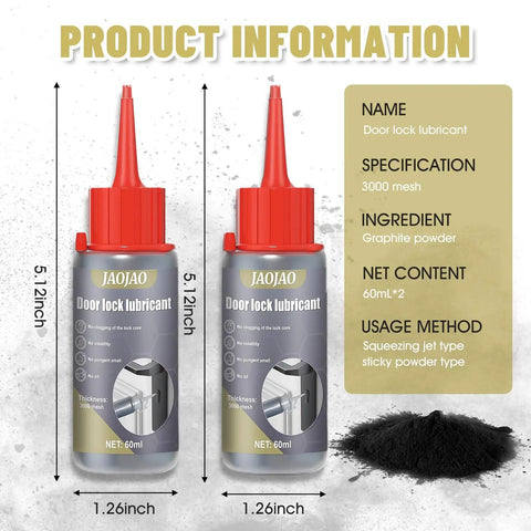 Graphite Lock Lubricant Powder For All Locks No More Sticking Or Jamming Smooth Key Insertion Quiet Operation Extends Life Of Door Locks Padlocks Deadbolts And Car Locks 120ML, two bottles with graphite powder.