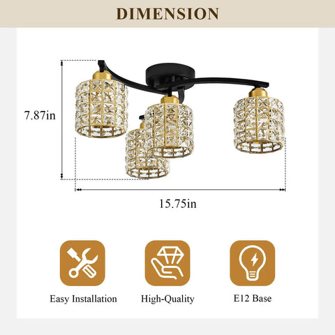 Dimensions of Four Light Crystal Flush Mount Ceiling Light In Black And Gold Modern Farmhouse Semi Flush Fixture.