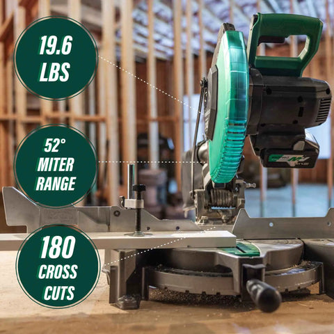 Cordless Miter Saw Kit With 10-Inch Blade, 18V and 36V MultiVolt Battery And Charger, miter range 52°, in workshop setting