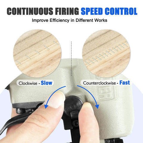 Pneumatic Continuous Firing Upholstery Stapler 22 Gauge 71 Series Crown Staple Gun showing speed control knob and staple pattern