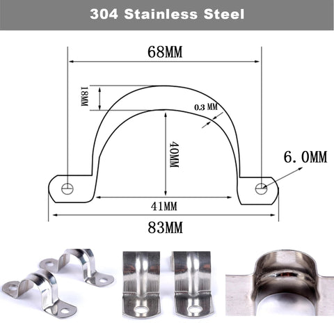 Front view of 30-pack M40 stainless steel pipe strap clamps, 1-1/2 in, heavy-duty U-bracket with two mounting holes