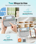 Top Shelf Qwerty Label Maker Featuring Waterproof Build And Portable Slick Design With Type C And Battery Power For Stress Free Home Office Organization Including One White 12mm Core Tape in use.