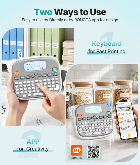 Top Shelf Qwerty Label Maker Featuring Waterproof Build And Portable Slick Design With Type C And Battery Power For Stress Free Home Office Organization Including One White 12mm Core Tape in use.