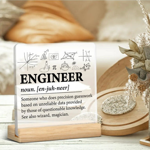 Engineer Definition Acrylic Plaque With Wooden Stand 4x4 Inch Square Cool Desk Sign Modern Clear Engineering Decor For Home Office Tabletop Gift Idea Perfect Gift For Any Desk