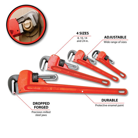 Heavy Duty Adjustable Pipe Wrench Set Including 8, 10, 14, And 24 Inch Wrenches For Plumbing And Heavy Busting Jobs, displayed