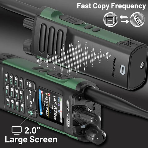 Rad Long Range Ham Radio Handheld DM32 DMR Walkie Talkie displaying large screen and frequency icons