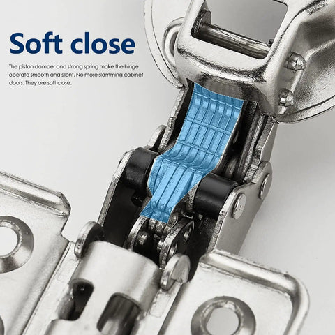 Close-up of the soft-close mechanism on a 50 Pack 25 Pairs European Kitchen Cabinet Hinges Soft Close Full Overlay Frameless Adjustable Concealed Cup Hinges For Frameless Cabinets Heavy Duty Ready To Install, highlighting the blue internal spring.