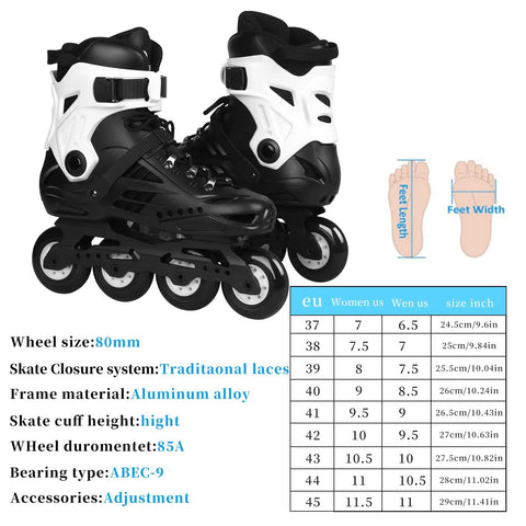 Unisex Inline Skates For Men And Women Fitness Rollerblades For Outdoor Speed Training Beginner Friendly White Size 8.5 Men 9 Women shown with sizing chart