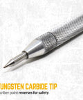 Professional Tungsten Carbide Scriber 2 Pack With Brass Automatic Center Punch For Precision Etching And Engraving showing a tungsten carbide tip close-up.