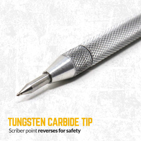Professional Tungsten Carbide Scriber 2 Pack With Brass Automatic Center Punch For Precision Etching And Engraving showing a tungsten carbide tip close-up.
