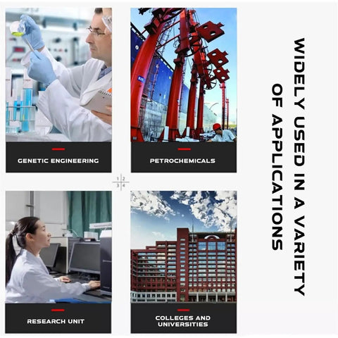 Image shows professionals in genetic engineering, petrochemicals, research units, and colleges using laboratory equipment.