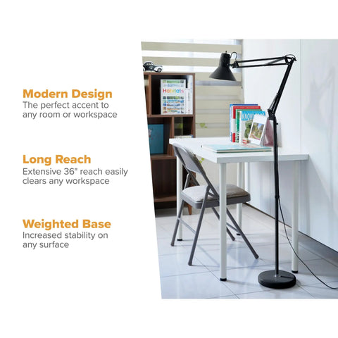 72 Inch Tall Swing Arm Floor Lamp For Office And Lounge Spaces With Multi Joint Adjustment All Metal Construction Weighted Base Black Finish Flicker Free LED Light Includes Replaceable LED Bulb Ideal Desk And Workspace