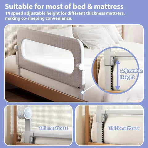 Extra Tall Toddler Bed Rail Guard For Kids, Adjustable Height, Foldable And Portable Bed Rail, Breathable Mesh, 48 Inch Long