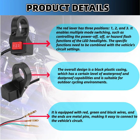 Three Speed 22mm Handlebars Switch For Seven Eighths Inch Ebike And Motorcycle Bars showing switch details and wiring