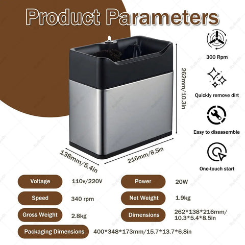 Cut Through Stubborn Coffee Grit Like Butter With This Easy Going Electric Portafilter Cleaner loaded with heavy-duty scrapers, dimensions shown.