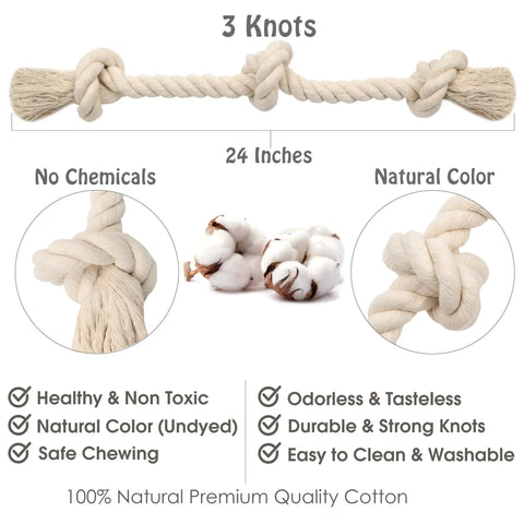 Natural White Cotton Dog Rope Toy for Medium & Large Dogs, 3 Knots, Undyed Non-Toxic Durable Chew and Tug Toy, 24 Inches