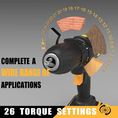20V Cordless Drill Kit With 2 Batteries And Charger For DIY Home Improvement showing multiple torque settings and applications.