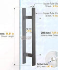 12 Inch Solid Stainless Steel Push Pull Door Handle For Barn Doors Glass Doors Matte Black Finish With Heavy Duty Commercial Grade 304 Stainless Standoffs Built Tough For High Traffic Areas. Side view with dimensions