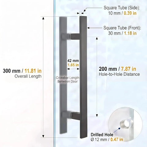 12 Inch Solid Stainless Steel Push Pull Door Handle For Barn Doors Glass Doors Matte Black Finish With Heavy Duty Commercial Grade 304 Stainless Standoffs Built Tough For High Traffic Areas. Side view with dimensions